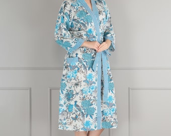 Handmade Cotton Kimono Robe: Blue Floral Block Print Lightweight Gown