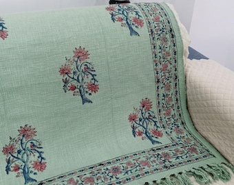Hand Loomed Cotton Sofa Throw: Floral Block Print Tassel Blanket