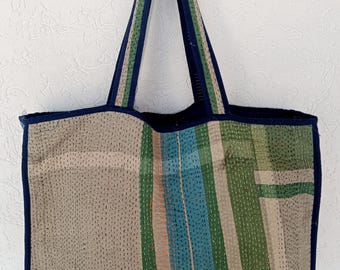 Vintage Kantha Quilted Tote Bag: Boho Beach Travel Bag