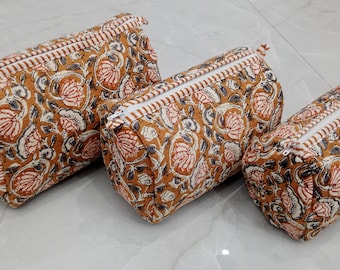 Set of 3 Quilted Block Print Toiletry Bags, Waterproof Lining