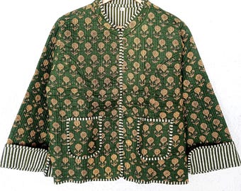 Handmade Reversible Kantha Jacket | Floral Block Print, Teal Cotton