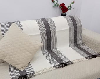 Handwoven Bhujodi Wool Throw Blanket | Boho Pompom Accent