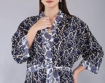 Handmade Cotton Block Print Kimono Robe – Lightweight Floral Dressing Gown
