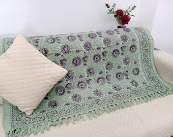 Hand Loomed Cotton Sofa Throw: Floral Block Print, Bohemian Tassels