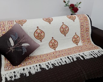 Hand Loomed Cotton Sofa Throw: Floral Block Print, Bohemian Tassels