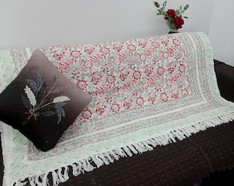Hand-Loomed Cotton Throw Blanket: Floral Block Print, Bohemian Tassels