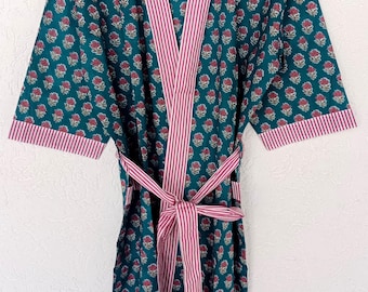 Handmade Cotton Kimono Robe | Floral Block Print Loungewear