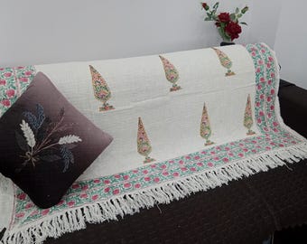 Hand-Loomed Cotton Throw Blanket: Floral Block Print, Bohemian Style