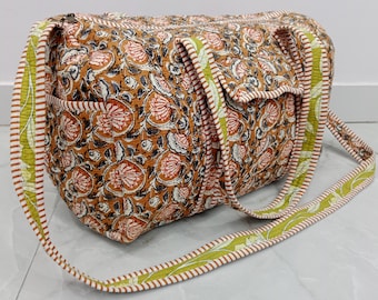 Hand Block Print Quilted Duffle Bag: Floral Cotton Weekender Travel Tote