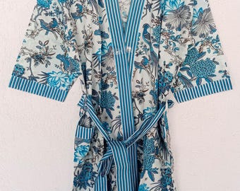 Handmade Cotton Kimono Robe | Floral Block Print Loungewear