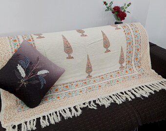 Hand-Loomed Cotton Throw Blanket: Floral Block Print, Bohemian Tassels