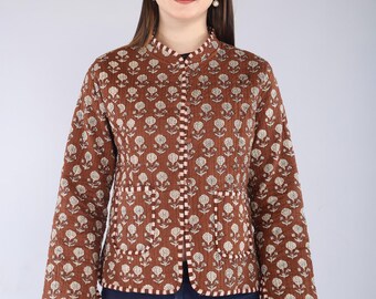 Reversible Kantha Jacket | Maroon Floral Quilted Cotton Coat | Boho Block Print Layer for Women