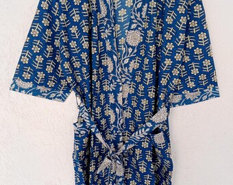 Handmade Cotton Kimono Robe: Blue Floral Block Print Bohemian Kaftan