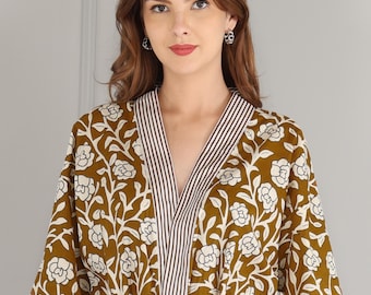 Handmade Cotton Kimono Robe | Brown Floral Block Print Kimono Style Dressing Gown | Loungewear Kaftan | Spa, Beach & Resort Wear