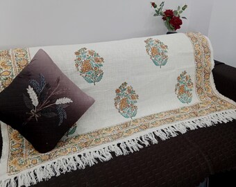 Hand Loomed Cotton Sofa Throw: Floral Block Print, Bohemian Tassel Blanket