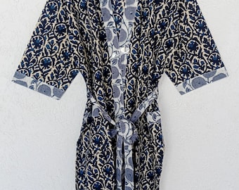 Handmade Cotton Kimono Robe | Floral Block Print Loungewear