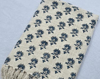 Hand-Loomed Cotton Sofa Throw: Floral Block Print Blanket with Tassels
