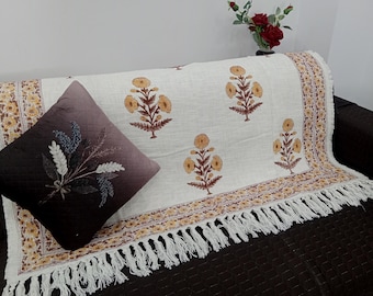 Hand-Loomed Cotton Throw: Floral Block Print, Bohemian Tassels
