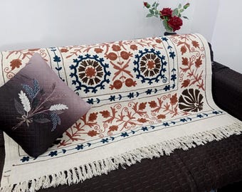Hand Embroidered Suzani Throw Blanket: Floral Cotton, Hand Loomed