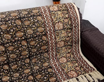 Hand Block Print Cotton Throw Blanket | Black & Beige Boho Sofa Bed Throw
