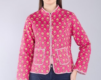 Reversible Kantha Jacket | Floral Quilted Cotton Coat | Boho Block Print Layer for Women