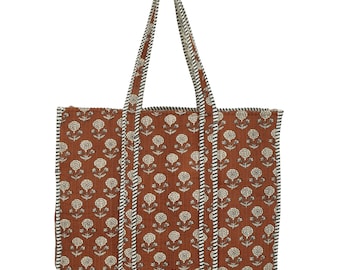 Handmade Floral-Printed Quilted Cotton Tote Bag: Floral Boho Shopper