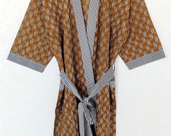 Handmade Cotton Kimono Robe | Floral Block Print Loungewear