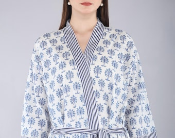 Handmade Cotton Block Print Kimono Robe – Lightweight Floral Dressing Gown