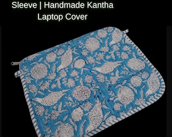 Blue Bird Print Quilted Laptop Sleeve | Handmade Kantha Laptop Cover