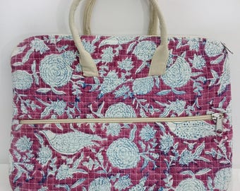 Handmade Kantha Laptop Bag, Floral Quilted Laptop Sleeve, Padded Work Tote for Women