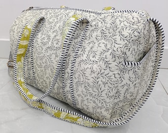 Hand Block Print Quilted Duffle Bag: Floral Cotton Weekender Travel Tote