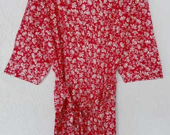 Handmade Red Floral Cotton Kimono Robe - Lightweight Loungewear