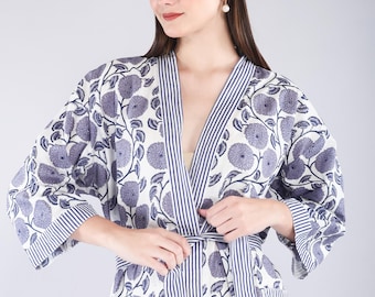 Handmade Cotton Block Print Kimono Robe – Lightweight Floral Dressing Gown