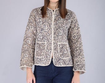 Handmade Reversible Kantha Quilted Jacket – Floral Block Print Cotton Coat
