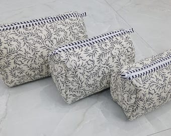 Set of 3 Quilted Block Print Toiletry Bags, Waterproof Lining
