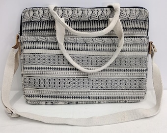Boho Canvas Laptop Bag, Padded Tribal Laptop Sleeve with Strap, 13-15 Inch. Handmade Work