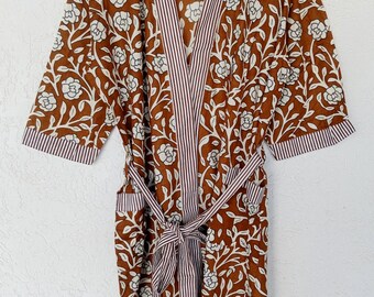 Handmade Cotton Kimono Robe: Brown Floral Block Print Loungewear