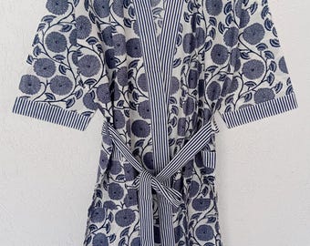 Handmade Cotton Kimono Robe | Floral Block Print Loungewear