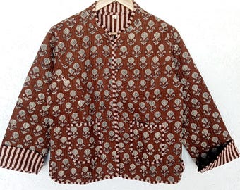 Reversible Kantha Jacket | Maroon Floral Quilted Cotton Coat | Boho Block Print Layer for Women