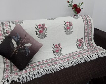 Hand-Loomed Cotton Sofa Throw: Floral Block Print, Bohemian Tassels