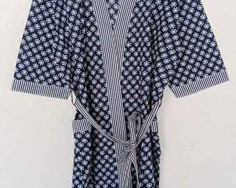 Handmade Cotton Kimono Robe | Floral Block Print Loungewear