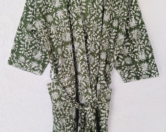 Handmade Cotton Kimono Robe: Green Floral Block Print Boho Kaftan