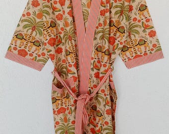 Handmade Cotton Kimono Robe | Floral Block Print Loungewear