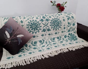 Hand Embroidered Suzani Throw Blanket: Floral Cotton, Hand Loomed