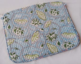 Blue Floral Kantha Quilted Laptop Sleeve | Handmade Padded Case