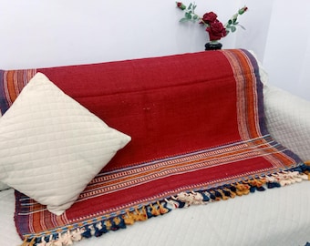 Handmade Bhujodi Wool Throw Blanket | Boho Pompom Accent