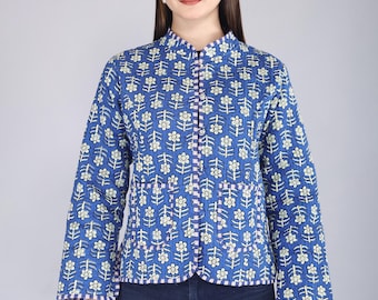Reversible Kantha Jacket | Blue Floral Quilted Cotton Coat | Boho Block Print & Striped Layer