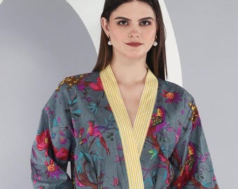 Handmade Cotton Block Print Kimono Robe – Lightweight Floral Dressing Gown