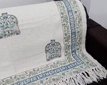 Hand-Loomed Cotton Throw Blanket: Floral Block Print, Bohemian Tassels