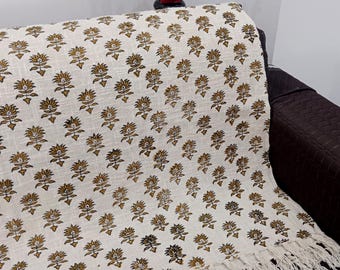 Hand Loomed Cotton Throw Blanket: Floral Block Print Sofa Cover